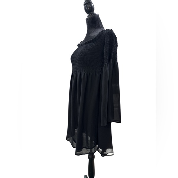 Black Smocked Boho Mini Dress Off Shoulder Bell Sleeve Large Whimsigoth - Picture 4 of 8